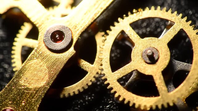 Closeup of intricate brass gears and cogs from a vintage clock mechanism showcasing precision engineering and the complex inner workings of timekeeping devices.
