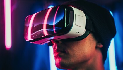 Young person immersed in virtual reality headset with vibrant neon reflections in a futuristic setting.
