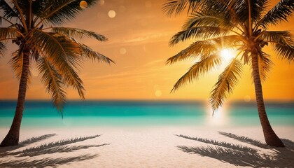 Tropical beach with two palm trees casting shadows on white sand under a vibrant sunset sky