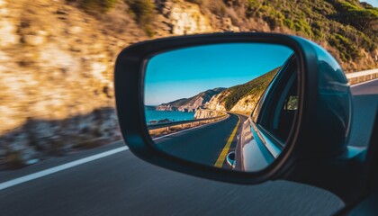 Car side mirror reflecting a scenic coastal road with the sea and mountains under a bright sky