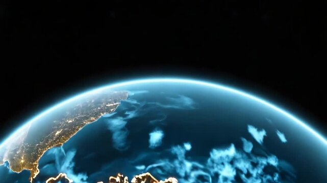 Glowing global earth map with illuminated continents and night streaming data trails on globe