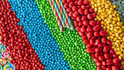 Sweet, vibrant candies arranged in colorful diagonal stripes with lollipops and candy sticks