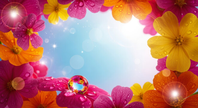 Vibrant Macro Flowers with Dewdrops and Magic Light Framing a Dreamy Blue Background with Reflection