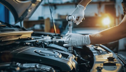 Mechanic's hands using a wrench on a car engine in a bright auto repair shop