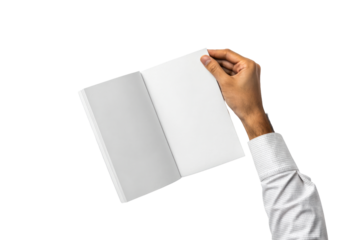 Hand turns blank pages of open book