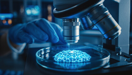 Microscope focusing on a glowing blue biological sample in a high-tech laboratory