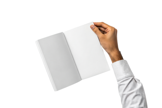 Hand turns blank pages of open book