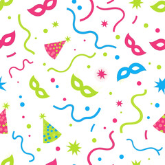 Party Time Colorful Masks, Confetti, and Party Hats Pattern on White Background