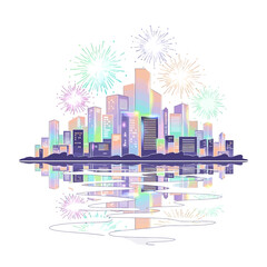 Colorful city skyline with festive fireworks reflecting in the water, a vibrant vector illustration of urban celebration