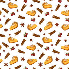 Seamless autumn pattern with pumpkin pie slices, cinnamon sticks, cranberries, and star anise. Warm, festive design perfect for Thanksgiving, textiles, wrapping paper, packaging, and kitchen decor.