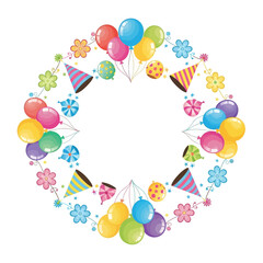 A vibrant circular border celebrating joy and festivity, adorned with colorful balloons, playful party hats, and cheerful flowers, perfect for any happy occasion
