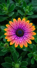 Vibrant African Daisy Blossom with Purple and Orange Petals Adorned with Sparkling Raindrops