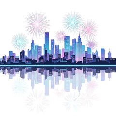 Vibrant city skyline illuminated by colorful fireworks reflecting on calm water, capturing a festive night celebration with a modern urban landscape