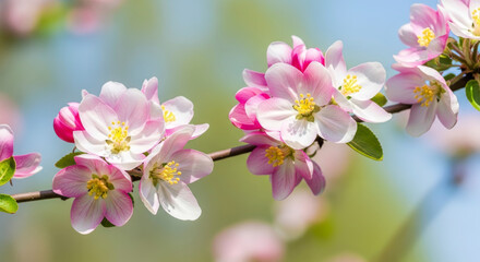 Obraz premium Bright Pink Apple Blossoms Blooming on a Branch, Capturing Spring's Delicate Beauty Close-Up