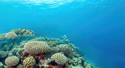 Vibrant underwater coral reef teeming with diverse marine life in clear blue ocean water.