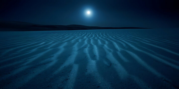 Moonlit desert dunes under starry night sky