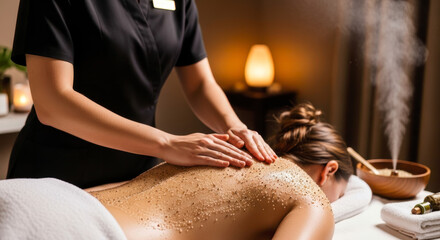 Fototapeta premium Therapist applying invigorating body scrub for smooth, glowing skin during a luxurious spa massage treatment.