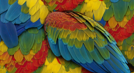 Fototapeta premium Vibrant Macaw Feathers Close-up Revealing Intricate Natural Patterns and Brilliant Colors