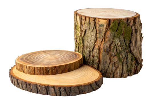Wooden log slices and stump on white background