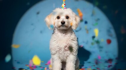 Adorable white dog with a birthday hat against a blue background, confetti