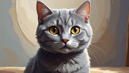 A close-up view of a gray tabby cat with striking yellow eyes, set against a soft, blurred background