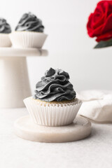 grey frosting on cupcakes with a white background, cupcakes in white liners with tall buttercream swirl, grey buttercream frosted cupcakes on a white background
