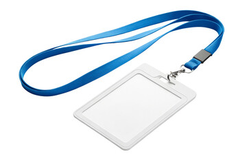 Blue lanyard and empty ID card holder on white