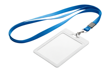 Blue lanyard and empty ID card holder on white