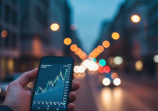 Hand holding smartphone stock market graph blurred city lights at night