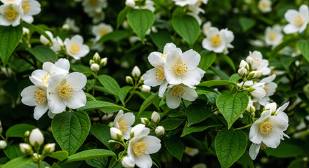 Obraz premium Tender white Philadelphus blossoms and buds on a saturated green shrub, capturing nature's beauty.