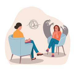 Sad woman with voices in the head talking with psychologist on the chairs. Psychological consultation. Vector flat style illustration