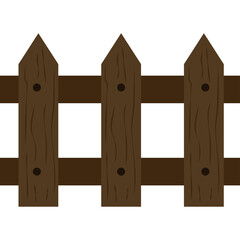 A rustic wooden picket fence with pointed tops and dark brown planks shown horizontally against a clean white background with visible wood grain texture and nail details representing a simple barrier.