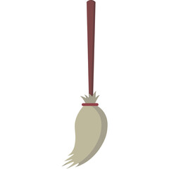 A simple flat design illustration of a witch's broom with a maroon handle and tan bristles against a white background