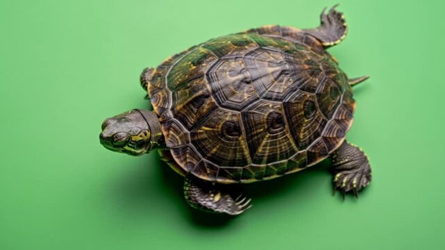 Animated sequence of a red eared slider turtle walking on a bright green background
