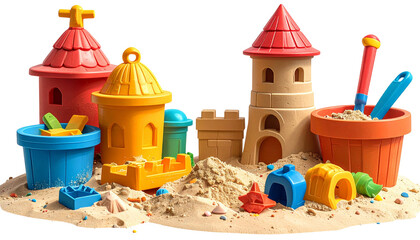 Small green and red toy castle on sandy beach isolated on white background.