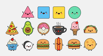 Adorable cartoon food characters collection with smiling faces and geometric shapes