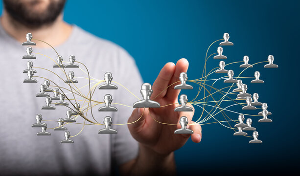 Hand touching digital network connections, representing global business, team work and technology relationships. Collaboration and digital conne