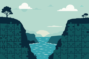 Connecting landscape cliffs with puzzle pieces over calm ocean view