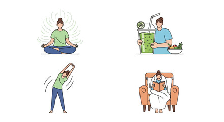 Illustrative healthy lifestyle habits for wellbeing featuring yoga smoothie stretches and reading
