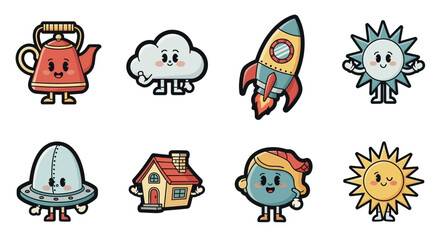 Playful Cartoon Character Icons Representing Objects and Elements with Kawaii Style