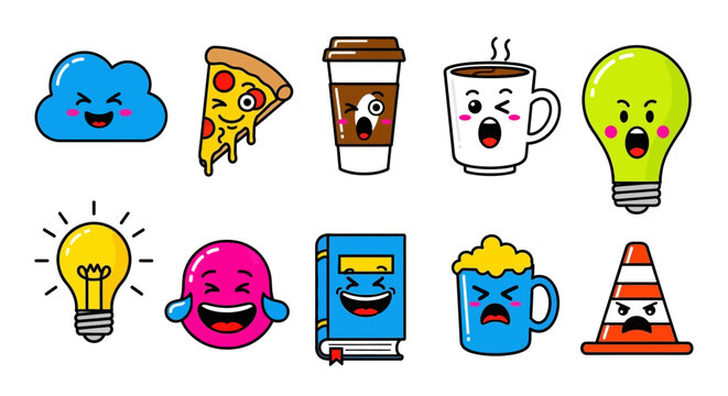 Cheerful cartoon emoji collection featuring diverse expressions and humorous icons for visual