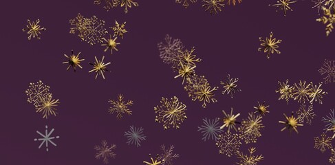 Abstract background featuring delicate gold snowflakes on a rich purple backdrop. Perfect for holiday designs, winter themes and festive decorat