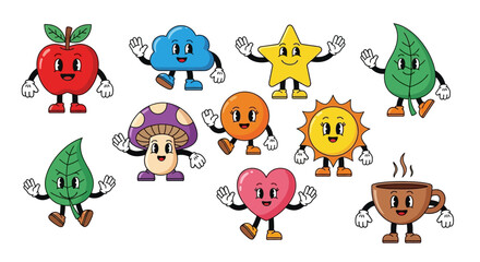 Collection of cheerful retro cartoon characters with charming vintage design aesthetic illustration