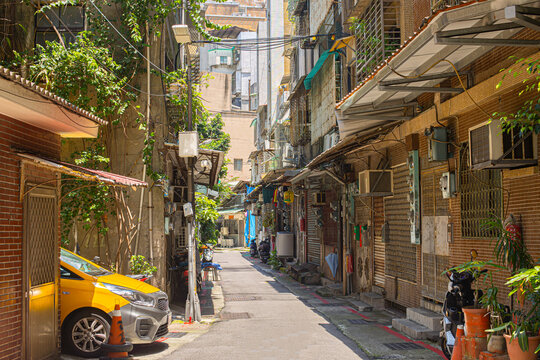 Small alleys in old buildings. Street photography in Taipei, Taiwan