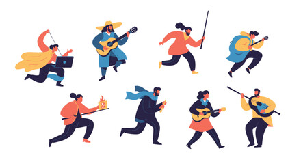 Energetic characters in dynamic motion with diverse accessories and musical instruments