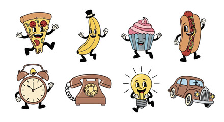 Retro cartoon characters featuring pizza, banana, cupcake, hotdog, and vintage items