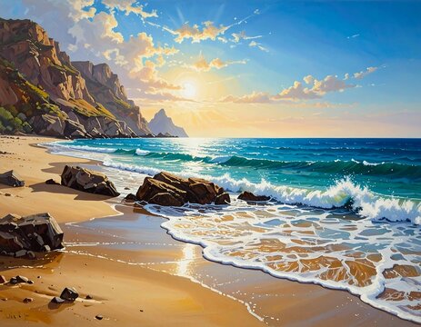 A coastal landscape painted with bright colors, features a sandy beach with rocks, turquoise waves, and cliffs under a sunny sky
