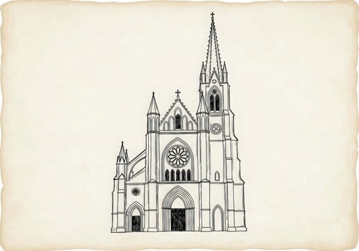 Sketch of a gothic cathedral with intricate architectural details and a prominent spire, rendered in black ink on aged parchment paper