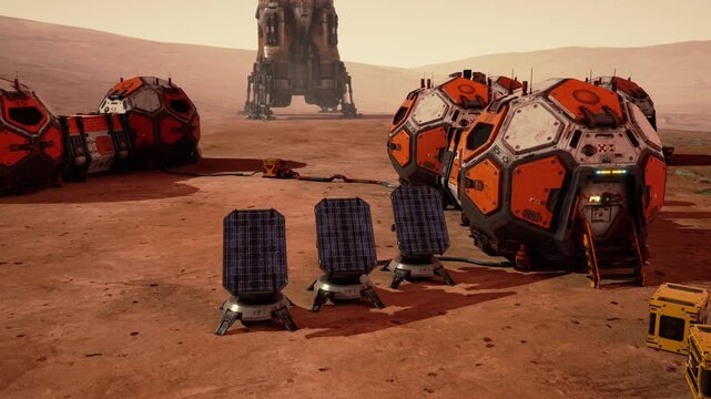 A Martian base features habitat modules and solar panels amidst a red, dusty environment. Rover and equipment are visible, indicating preparations for exploration on the planets surface. - Powered by Adobe