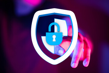 Secure data concept, hand shielding a padlock representing digital safety, cybersecurity, and internet protection. Illustrated for we